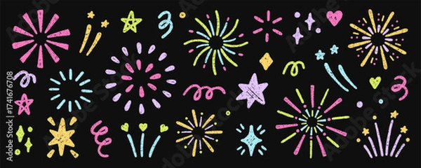 Obraz Chalk pencil fireworks, sparkling stars doodle set. Kids crayon color firecracker, confetti, sunburst, explosion in sketch style. Grunge texture. Hand drawn illustration isolated on black background