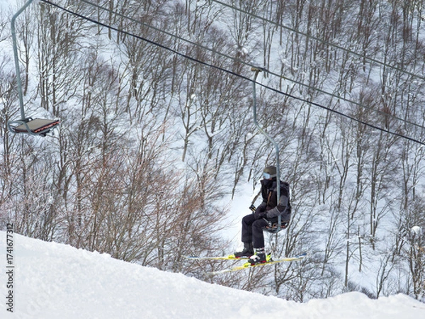 Fototapeta Winter scene with a skier on a single ski lift surrounded by trees (Madarao, Niigata, Japan)