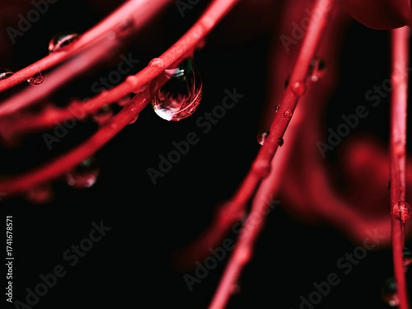 Obraz 雨に濡れる赤い彼岸花のクローズアップ　秋の情景と静寂