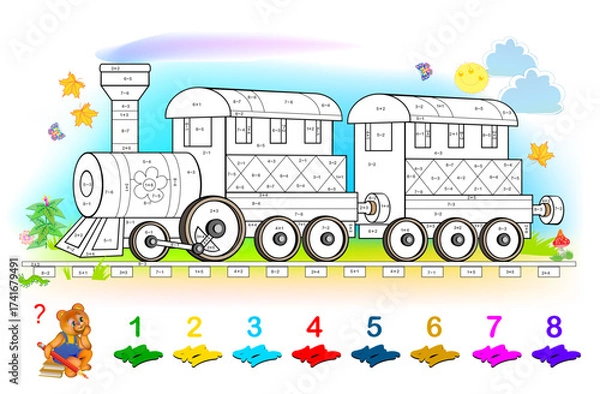 Fototapeta Solve examples and color the locomotive with wagon. Coloring book. Mathematical exercises on addition and subtraction. Developing counting skills. Printable worksheet for kids. Hand drawn vector.