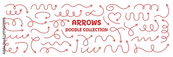 Obraz Squiggly red arrows doodle set. Curve and Spiral comic symbols in sketch style. Hand drawn vector illustration isolated on white background