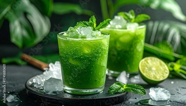 Fototapeta Vietnamese Pandan Smoothie served with crushed ice