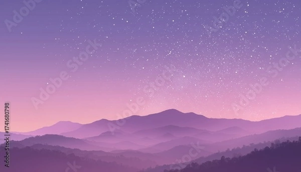 Fototapeta Pastel Purple Mountain Landscape With Stars Enhanced Through Artistic Rendering Captures The Beauty Of The Night Sky And Mountain Scenery.