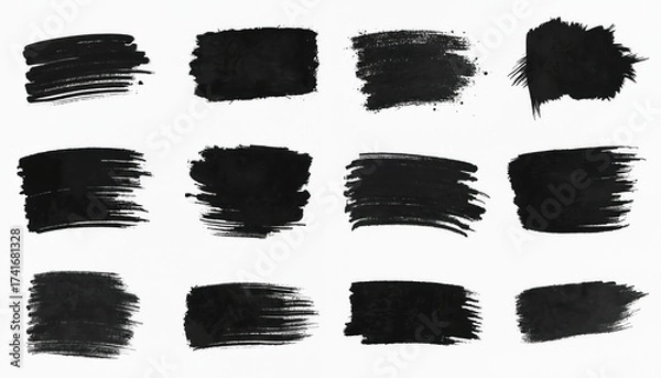 Fototapeta Collection of black marker brush strokes on white background. Use for emphasis and design elements. Graphic abstract shapes, grunge textures, and handwritten marks for posters, banners, and labels.