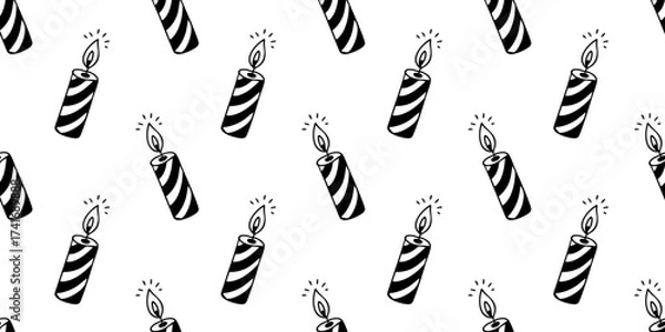 Fototapeta Seamless holiday doodle pattern with striped candles and flame in simple outline style. Doodle lineart vector background.