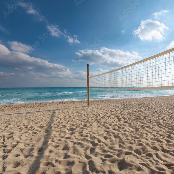 Obraz Sandy beach with volleyball net and turquoise ocean under a cloudy blue sky