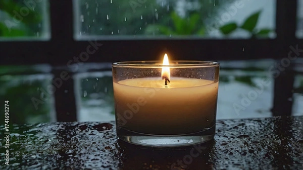 Obraz Silent reflections of a somber moment candle burning in a rainy season scene.