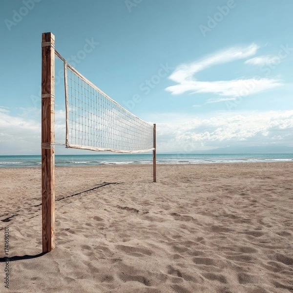 Obraz Empty beach volleyball net stands ready for play on a sandy shoreline under a clear blue sky