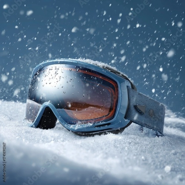Obraz Close up of blue ski goggles resting in fresh snow with falling snowflakes creating a winter atmosphere