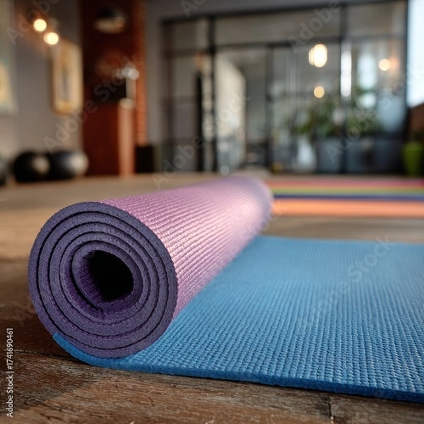 Obraz Rolled up yoga mat and unrolled mat on wooden floor in studio with soft lighting