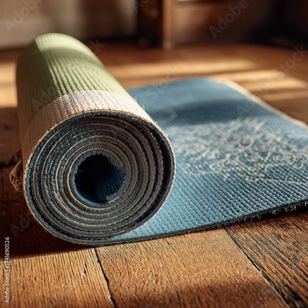 Obraz Rolled up yoga mat on a wooden floor bathed in warm sunlight ready for practice
