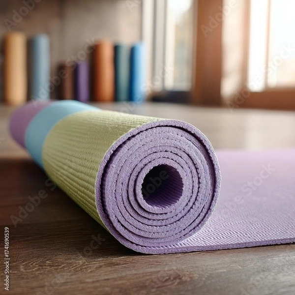 Obraz Rolled up yoga mat with colorful stripes on a wooden floor near a window