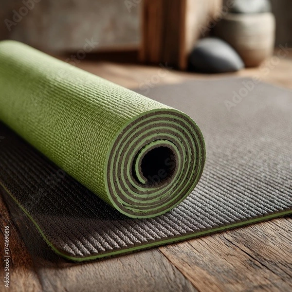 Obraz Rolled up green yoga mat resting on a textured exercise mat on a wooden floor