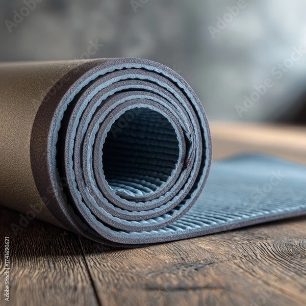 Obraz Rolled up yoga mat with textured surface resting on a rustic wooden floor indoors