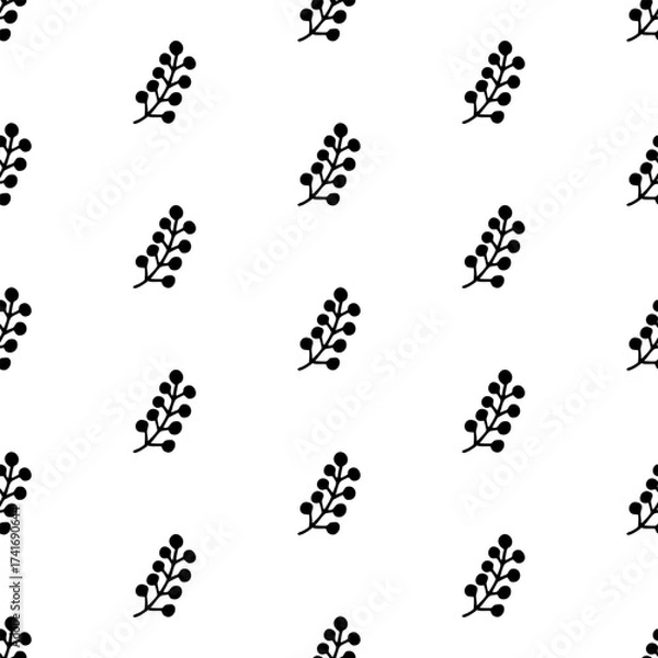 Fototapeta Seamless winter doodle pattern with berry branches in outline style. Hand drawn Doodle lineart vector background. 