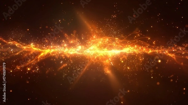 Fototapeta Glowing, fiery energy stream splits across frame, with sparks & light particles, set against dark background