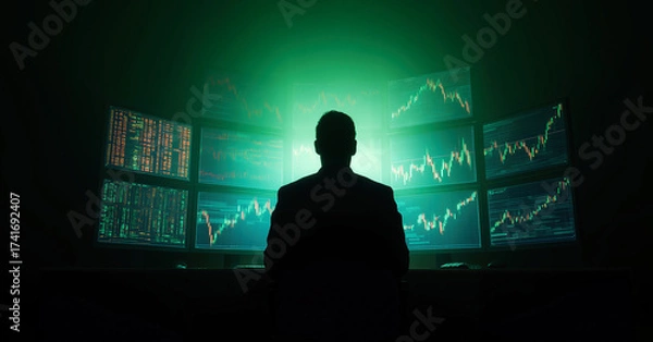 Fototapeta Silhouette of trader sitting in front of multiple computer monitors displaying financial charts and stock market. Concept of trading, finance, investment, crypto trading. Created with generative AI