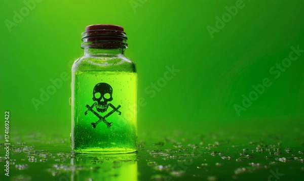 Fototapeta Glass bottle filled with glowing green liquid and a skull and bones symbol, poison or toxic substance. Concept of danger, toxicity, biohazardous chemicals. Created with generative AI
