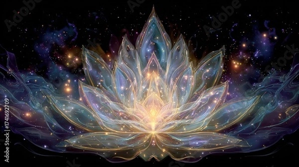Fototapeta A luminous lotus flower emerges against a star-filled backdrop, radiating ethereal beauty and light