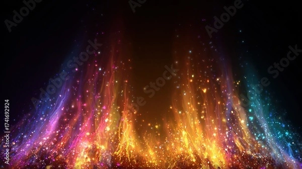 Fototapeta Colorful, abstract wave patterns rise from a dark background, sparkling with light