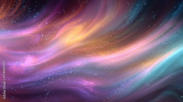 Fototapeta Swirling celestial scene of cosmic dust and gases, colored by light and energy. Stars twinkle