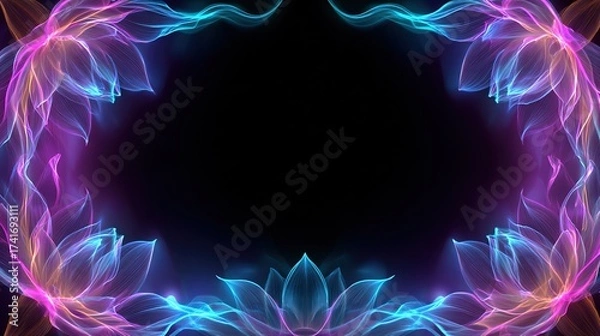 Fototapeta Floral frame glows with gradient hues of pink, orange, and blue, encompassing a dark, central void