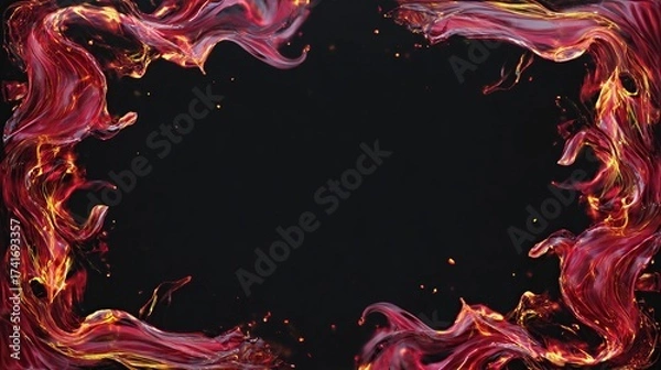 Fototapeta A dark backdrop framed by flowing, fiery red and gold ribbons, with small sparks scattered