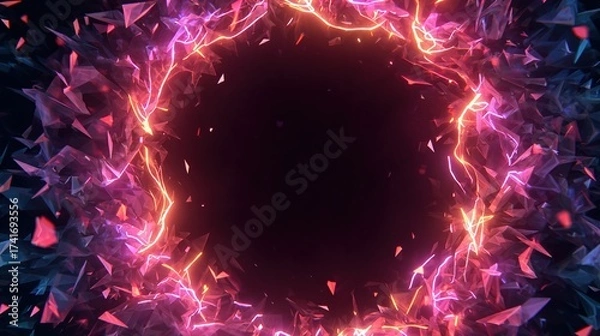 Fototapeta A glowing ring of neon shards frames a central dark void, creating a futuristic, energy-based aesthetic