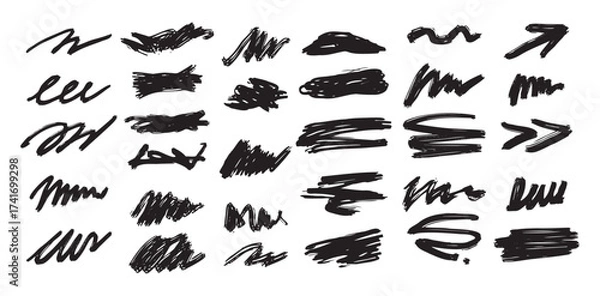 Fototapeta Black abstract brushstrokes, lines, squiggles and swirls set. Vector hand drawn illustration for decorations and various designs.
