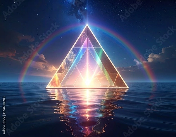 Fototapeta Glowing pyramid floats on ocean under a rainbow at dusk