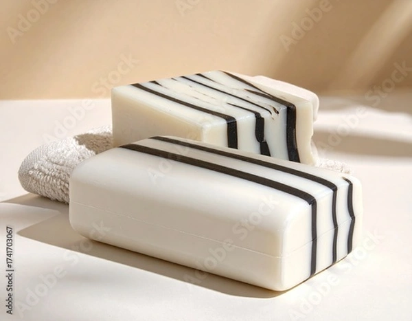 Fototapeta Striped soaps resting on rough cloth, light beige backdrop