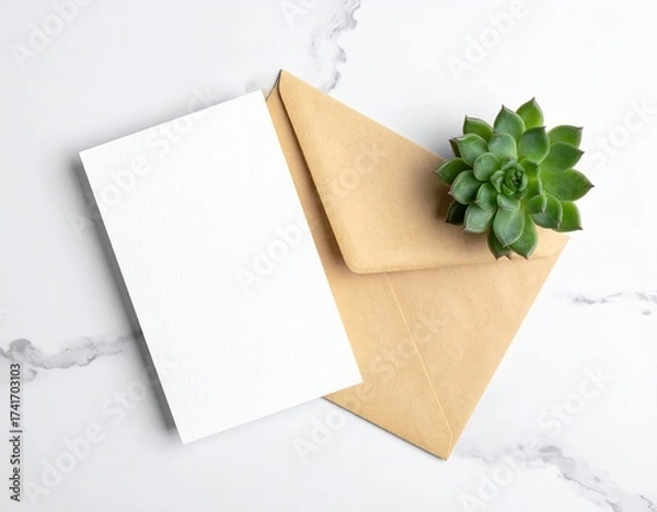 Fototapeta Card, envelope, succulent on marble. Clean, minimalist design