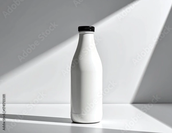 Fototapeta Sleek white bottle with a black cap, casting sharp shadows