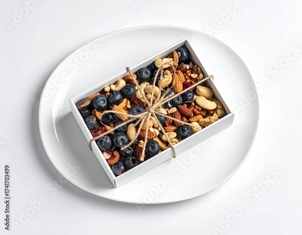 Fototapeta Berries and nuts in a box on white plate, tied with twine