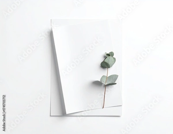 Fototapeta Blank white paper sheet w/eucalyptus sprig; simple design