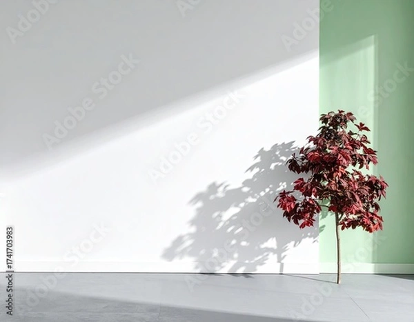 Fototapeta Minimal Red maple tree against white/green walls