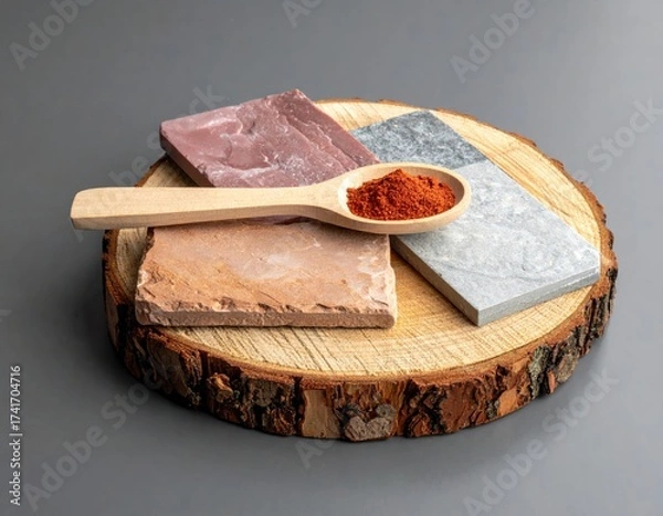 Fototapeta Spice in spoon on rustic wood with stone tiles