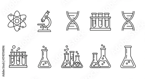 Fototapeta Line art illustration of atom microscope dna test tubes and beakers representing science and laboratory work created with generated ai