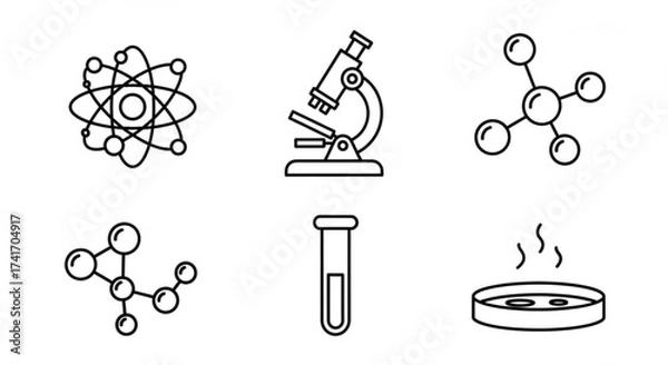 Fototapeta Illustration of science equipment including atom microscope molecules and petri dish in black outline created with generated ai
