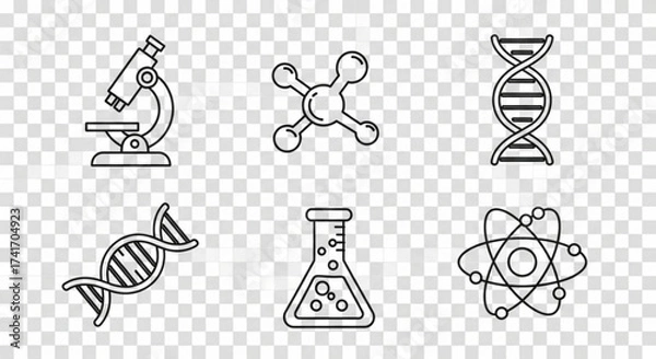 Fototapeta Illustration of science icons including microscope, molecule, dna, flask and atom in black outline created with generated ai