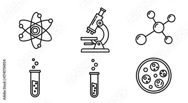 Fototapeta Illustration depicting scientific laboratory equipment and molecular structures in black outline style design created with generated ai