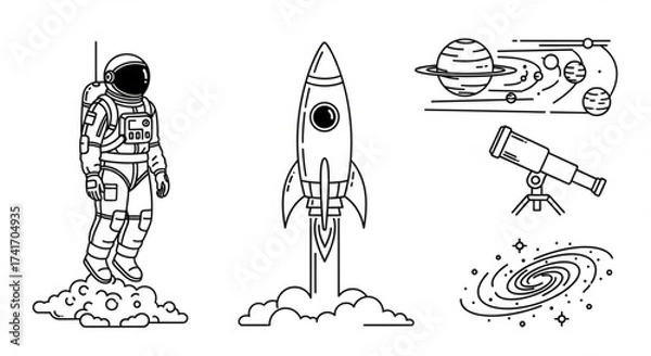 Fototapeta Illustration of an astronaut, rocket, planets, telescope, and galaxy in a line art style design created with generated ai