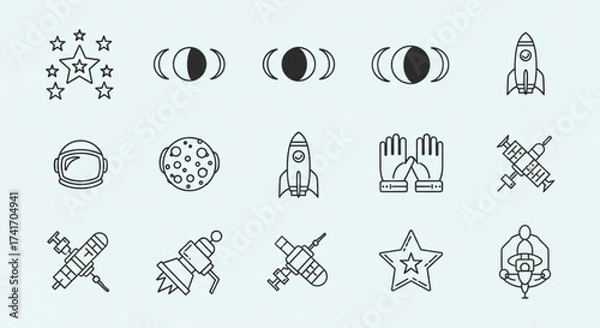 Fototapeta Collection of space themed line art icons including rockets, stars, planets and astronaut helmet created with generated ai