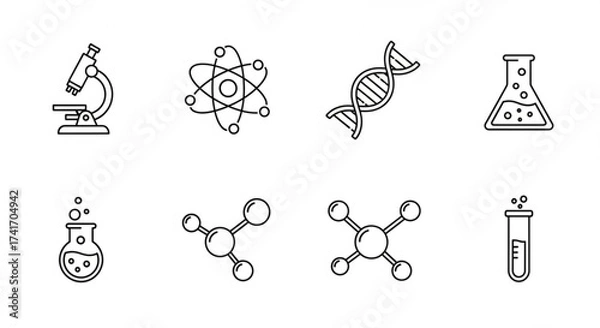 Fototapeta Illustration of science icons including a microscope atom dna and various beakers and molecules created with generated ai