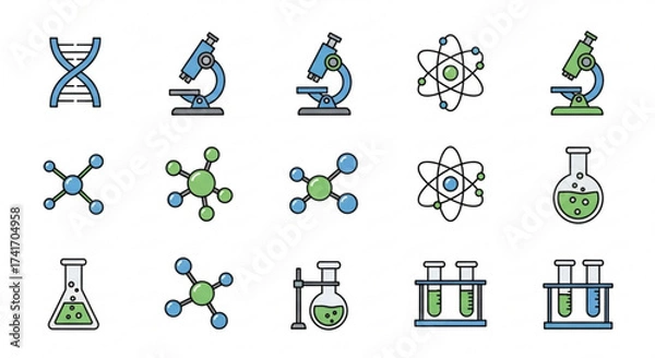Fototapeta Illustration of science equipment including microscopes dna molecules atoms and laboratory glassware icons created with generated ai