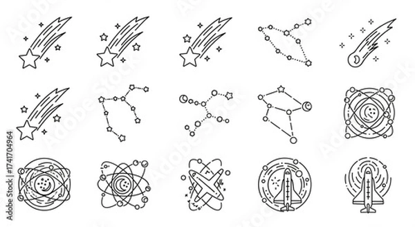 Fototapeta Illustration of various celestial objects including comets constellations and spacecraft in outline style created with generated ai