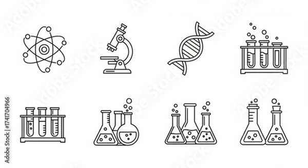 Fototapeta Illustration of science equipment including atom microscope dna test tubes and flasks in a line art style created with generated ai