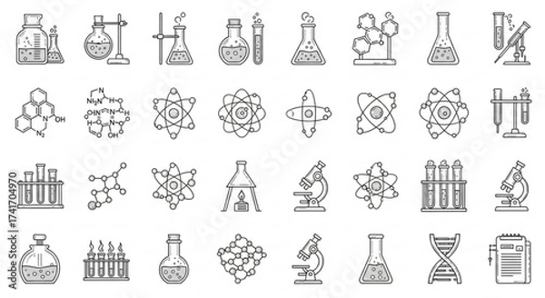 Fototapeta Illustration of chemistry and science lab equipment and molecular structures in black and white outline style created with generated ai