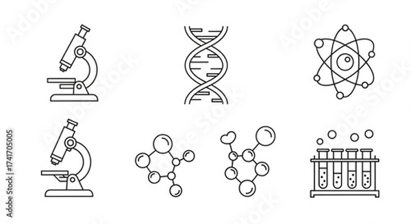 Fototapeta Outlined science icons showing microscopes dna atom molecules and test tubes in a laboratory setting created with generated ai