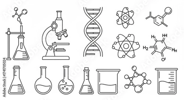 Fototapeta Illustration of science equipment including beakers microscope dna and molecular structures in black and white created with generated ai